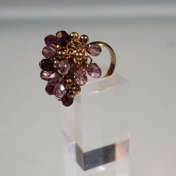 Cocktail Ring Purple And Gold Tone Beaded Ring Size 8 - Picture 6 of 12